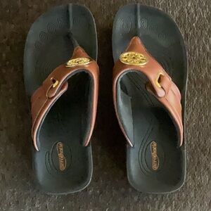 Brown and Black Flip Flops with Gold Accents